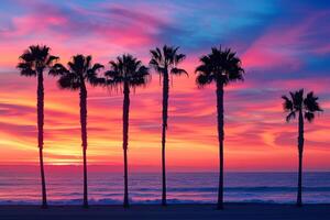 Palm Trees Silhouetted Against Fiery Sunset Nature Background photo