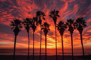Palm Trees Silhouetted Against a Fiery Sunset Sky Over a Calm Beach in Nature Background photo