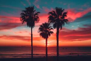 Palm Trees Silhouetted Against a Fiery Sunset Sky Over a Calm Beach in Nature Background photo
