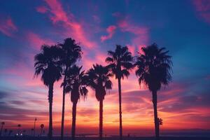 Palm Trees Silhouetted Against a Dramatic Sky During Twilight on a Tranquil Beach in Nature Background photo
