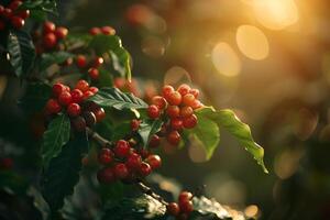 Coffee Plants with Ripe Red Cherries on a Plantation in photo