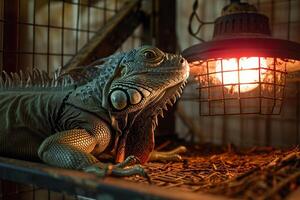 Rescued Iguana Basking Under a Heat Lamp in a Shelter Scales Shimmering with Warmth and Contentment Nature Background photo