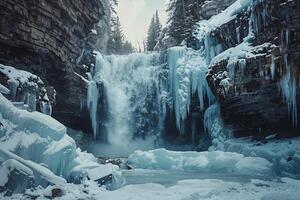 A Waterfall Surrounded by Ice and Snow in a Frozen Landscape Nature Background photo