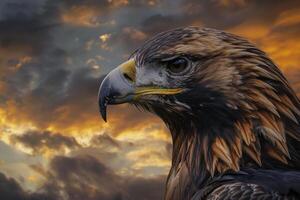 Portrait of a Golden Eagle with Piercing Eyes Against a Dramatic Cloudy Sky Nature Background photo