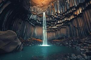 A Grand Waterfall Cascading Down a Volcanic Rock Face into a Turquoise Pool Nature Background photo