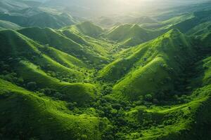 DroneLush Green Valleys in Sunlight Nature Background photo