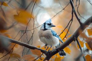 Blue Jay in motion between tree branches in a  autumn forest. Nature Background photo