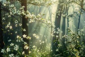 Glade in an enchanted forest with sunlight filtering through the leaves of blossoming dogwood trees. Nature Background photo