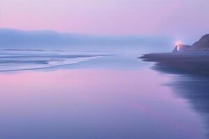Twilight beach with soft pastel hues reflecting on the tranquil water and a distant glowing lighthouse. Nature Background photo