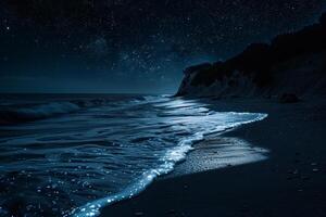 Night sky filled with stars over a secluded beach with bioluminescent plankton illuminating the waves. Nature Background photo