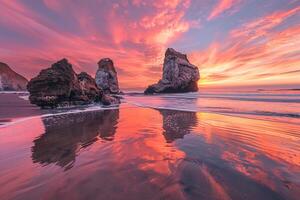 Sunset sky over a beach with surreal rock formations emerging from the calm water. Nature Background photo