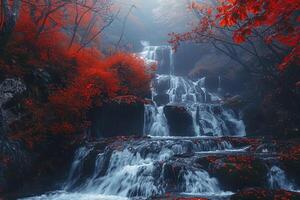 Waterfall cascading over mossy rocks in an autumn forest surrounded by red and orange maple trees. Nature Background photo