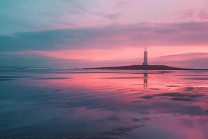 Tranquil beach with soft pastel sunset colors reflected on wet sand and a lone lighthouse in the distance. Nature Background photo