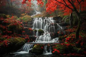 Cascading waterfall over mosscovered rocks surrounded by  red and orange maple trees in autumn. Nature Background photo