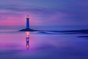 Twilight beach Nature beauty with soft pastel hues reflecting in tranquil water and a distant glowing lighthouse. Nature Background photo