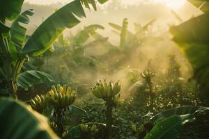 Ethereala banana plantation at sunrise with mist swirling around the lush green leaves and clusters of ripe bananas. Nature Background photo