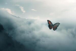 Ethereala Urania Leilus butterfly gliding gracefully through misty clouds in a mountainous landscape its iridescent wings shimmering in soft sunlight. Nature Background photo