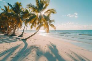 pristine beach with palm trees casting long shadows on powdery white sand. Nature Background photo