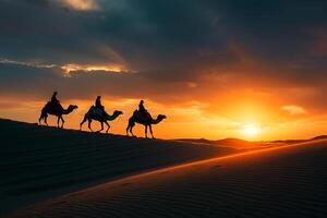 stunning beach with golden sands and dramatic sand dunes featuring camel riders silhouetted against a fiery sunset sky for a captivating . Nature Background photo