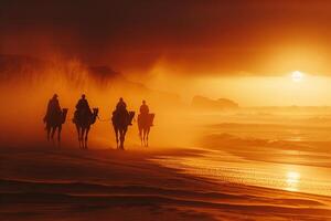 dramatic beach landscape with golden sands and towering sand dunes where camel riders are silhouetted against a fiery sunset sky creating a stunning . Nature Background photo