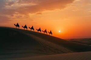 mesmerizing beach with golden sands and towering dunes highlighted by camel riders silhouetted against a  fiery sunset sky for a striking visual. Nature Background photo