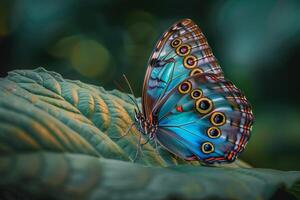 Blue Morpho Butterfly Resting on Bright Green Leaf with Nature Background and Tropical Foliage photo