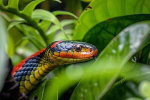 Coral Snake Slithering Through  Foliage in Tropical Garden with Nature Background photo