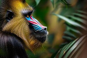 Mandrill Revealing Its Face Markings in Jungle with Nature Background and Dense Greenery photo