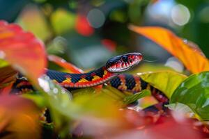 Coral Snake Moving Through Lush Greenery in Tropical Garden with Nature Background and Exotic Plants photo