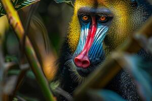 Mandrill Displaying Its Face Markings in the Jungle with Nature Background and Lush Vegetation photo