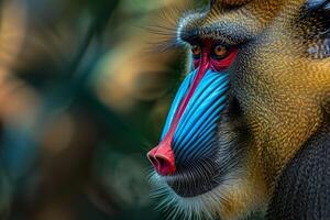 Mandrill Showcasing Its Bright Face Markings in Jungle Setting with Nature Background and Rich Foliage photo