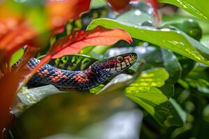 Coral Snake Slithering Through  Foliage in Tropical Garden with Nature Background and Exotic Plants photo
