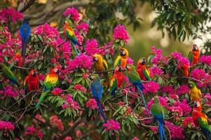 Flock of Parrots on Flowering Trees in Tropical Orchard with Nature Background and Rich Foliage photo