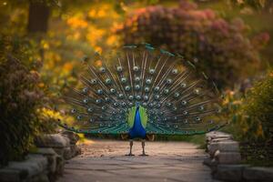 Peacock Displaying Its Feathers in Garden with Nature Background and Display photo
