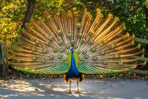 Peacock Displaying Its  Feathers in Full Fan with Nature Background and Exotic Setting photo