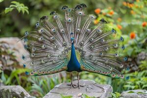 Peacock Revealing Its Iridescent Feathers in Full Splendor with Nature Background and Lush Setting photo