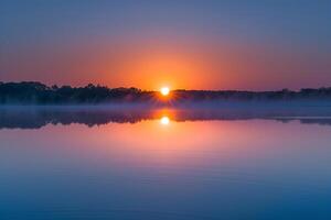 Sunrise Reflection on Lake Surface with Nature Background photo