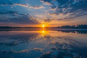 Sunrise Reflection on Lake Surface with Nature and Background photo