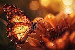 Sunlight Illuminating the Intricate Veins of a Translucent Butterfly Wing Resting on a Flower with Nature and Background photo