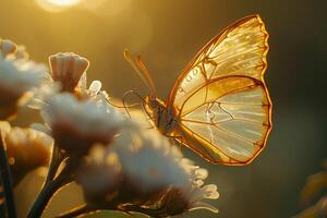 Sunlight Illuminating the Intricate Veins of a Translucent Butterfly Wing Resting on a Flower with Nature and Background photo