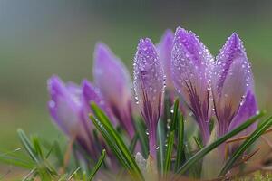 Nature Background of Dew Covered Violet Crocus Flowers Emerging from Green Grass photo