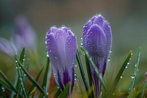 Nature Background of Dew Covered Violet Crocus Flowers Emerging from Green Grass photo
