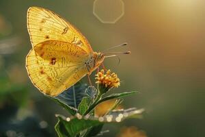 Sunlight Illuminating a Delicate Butterfly Perched on a Flower Petal with Nature Background photo