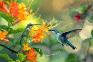 Hummingbird Hovering Near  Flower Nature Background photo