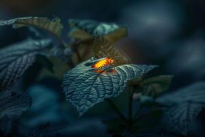 Firefly Resting on Leaf Glowing in Dusk Light Nature Background photo