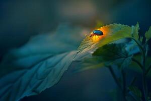 Firefly Resting on Leaf Glowing in Dusk Light Nature Background photo