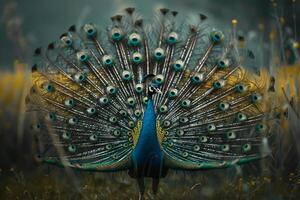 Nature Background of a Majestic Peacock Standing Proudly in a Field with Feathers Fully Spread photo