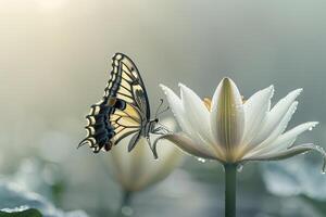 Tiger Swallowtail Butterfly Perched on a Single Lily with Soft Morning Dew Nature Background photo