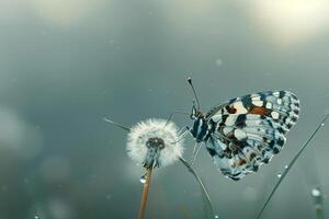 White Admiral Butterfly Resting on a Single Dandelion Seed Head with Soft Morning Dew Nature Background photo