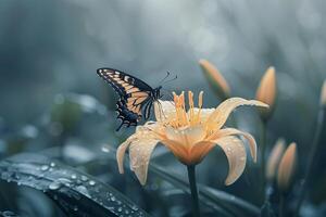 Tiger Swallowtail Butterfly Perched on a Single Lily with Soft Morning Dew Nature Background photo
